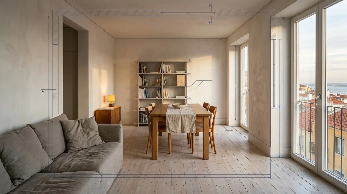 Sala de estar de apartamento em Lisboa com vista para os telhados, ilustrando a Convenção de Dupla Tributação entre Brasil e Portugal